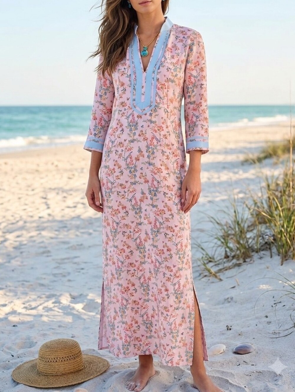 NicoBlu Capri Long Tunic Dress In Delicate Blue Floral Blossoms On Blush Pink